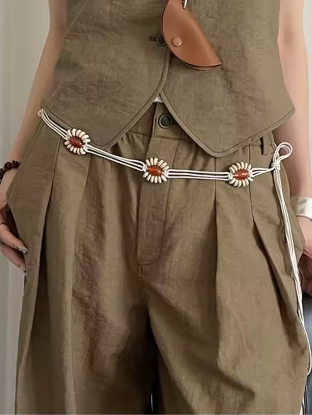 Boho beaded rope waist belt in white and tan